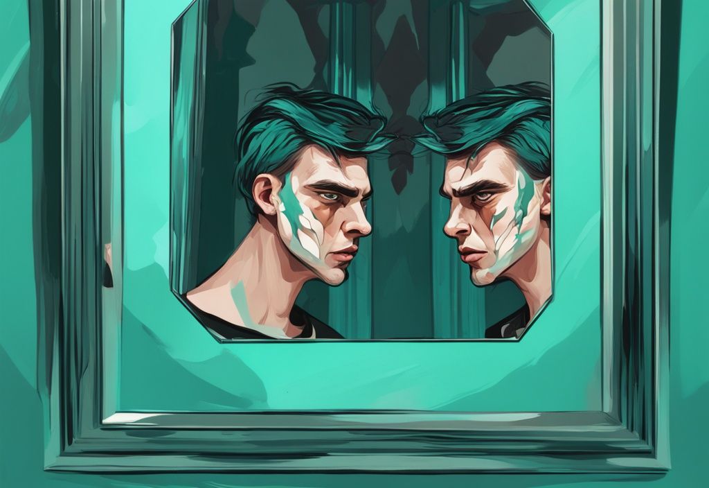 Modern digital painting of a narcissist frightened by his distorted reflection in a broken mirror, featuring a teal color theme; how to frighten a narcissist depicted visually.