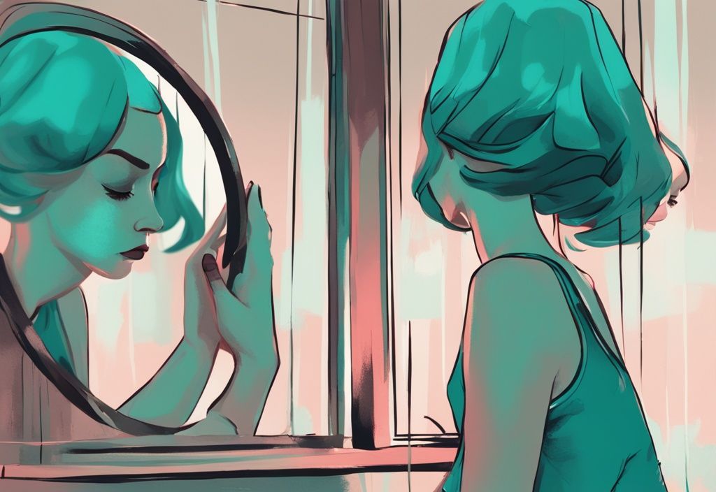 Modern digital painting of a person with a sad expression looking at their reflection in a mirror, illustrating what does a depressed narcissist look like, with a teal color theme.