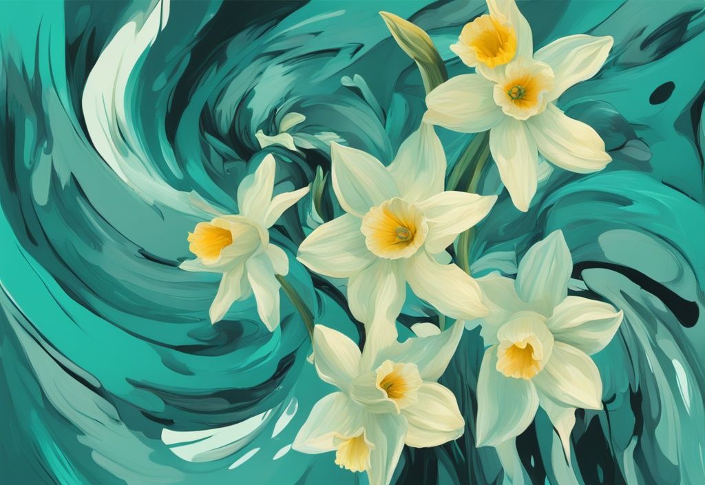 Modern digital painting of wilting narcissus flowers in teal, symbolizing how to make a narcissist panic in an abstract swirl.