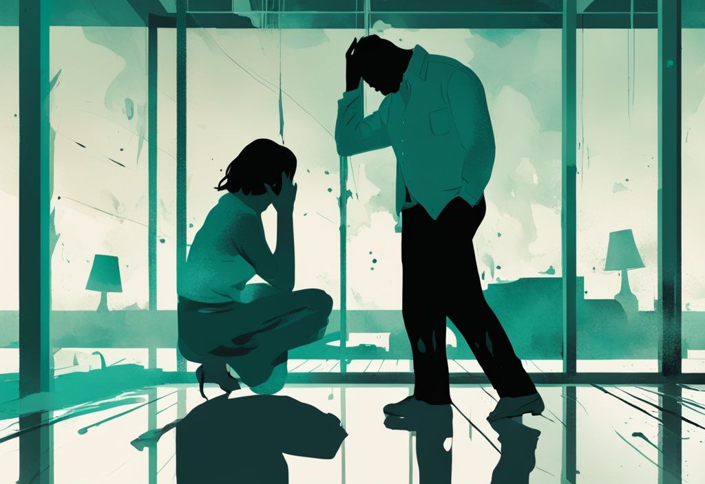 Modern digital painting of a distressed woman with teal theme, aggressive man silhouette yelling in chaotic home environment.