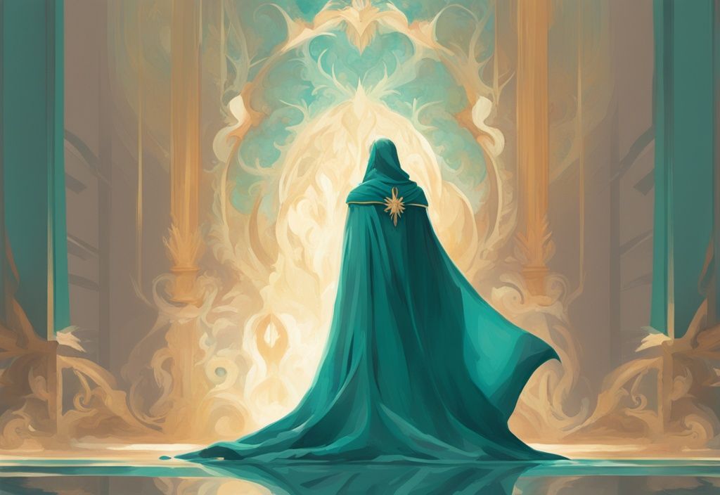 Digital painting of a narcissist in regal attire intrigued by a radiant empath, teal color theme.