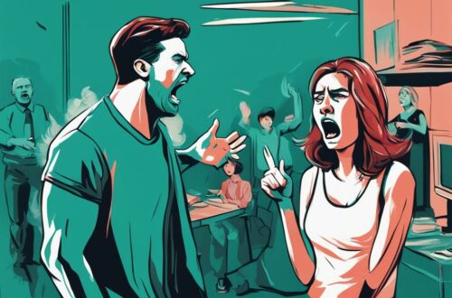 Modern digital painting of a man yelling with an upset woman in the foreground, illustrating confusion and distress, related to the keyword why is my husband screaming at me, with a teal color theme.