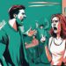 Modern digital painting of a man yelling with an upset woman in the foreground, illustrating confusion and distress, related to the keyword why is my husband screaming at me, with a teal color theme.