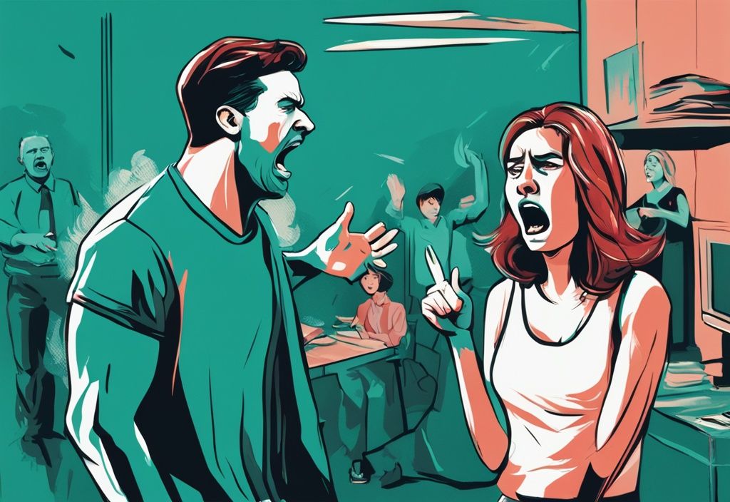 Modern digital painting of a man yelling with an upset woman in the foreground, illustrating confusion and distress, related to the keyword why is my husband screaming at me, with a teal color theme.