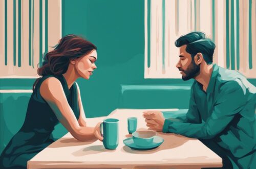 Modern digital painting of a couple discussing in a therapeutic setting, illustrating the challenge of how to live with a bipolar narcissist, with a teal color theme.