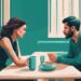 Modern digital painting of a couple discussing in a therapeutic setting, illustrating the challenge of how to live with a bipolar narcissist, with a teal color theme.