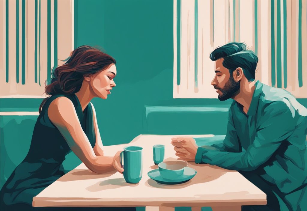 Modern digital painting of a couple discussing in a therapeutic setting, illustrating the challenge of how to live with a bipolar narcissist, with a teal color theme.