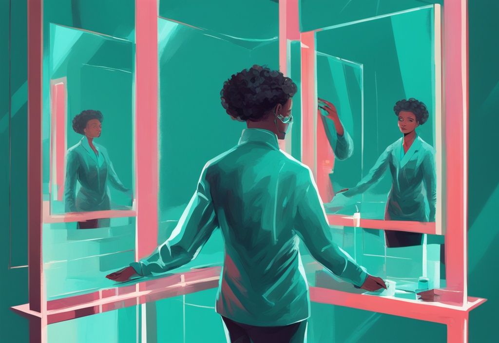 Digital painting of a person engaging in future faking, observing their reflection morphing between present self and a successful future projection, with a teal color theme.