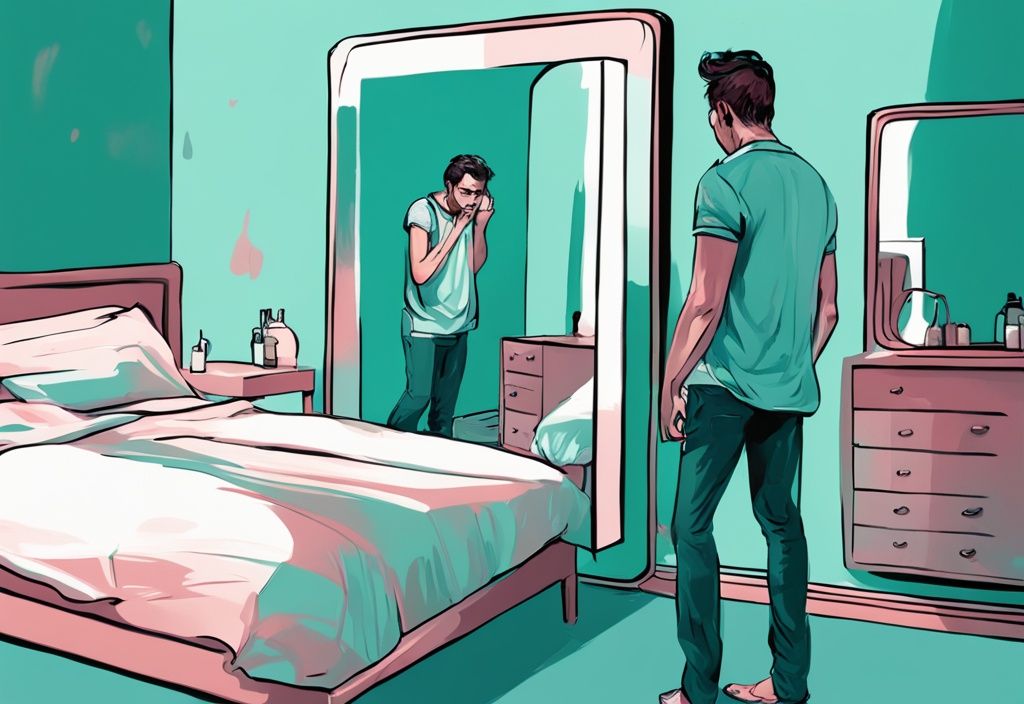 Modern digital painting of a narcissist admiring themselves in a mirror, ignoring frustrated partner on bed, teal color theme.