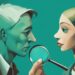 Modern digital painting of a teal-themed illustration showing a magnifying glass over a profile with a Pinocchio-like nose, symbolizing how to expose a lying narcissist.