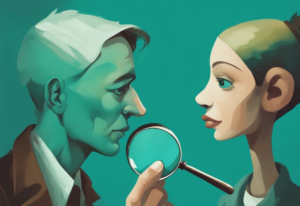 Modern digital painting of a teal-themed illustration showing a magnifying glass over a profile with a Pinocchio-like nose, symbolizing how to expose a lying narcissist.