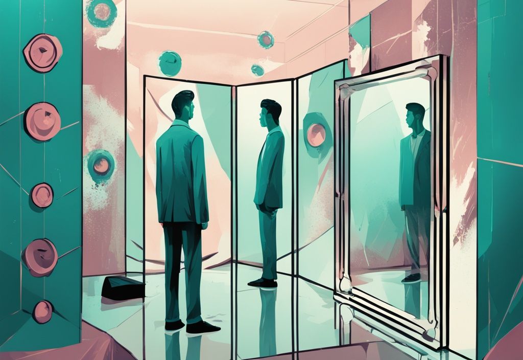 Modern digital painting of a man looking dejected in a mirror, surrounded by symbols of success, teal color theme