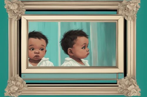 Digital painting of a baby and a man in mirrors exploring "are narcissists born or made" theme in teal tones.