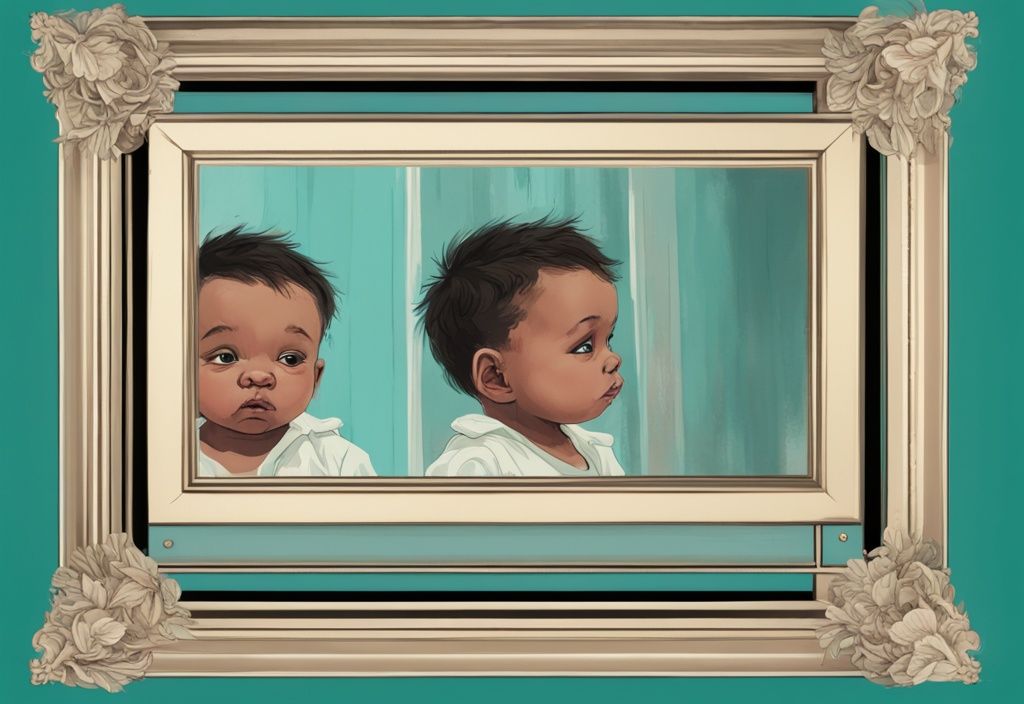 Digital painting of a baby and a man in mirrors exploring "are narcissists born or made" theme in teal tones.