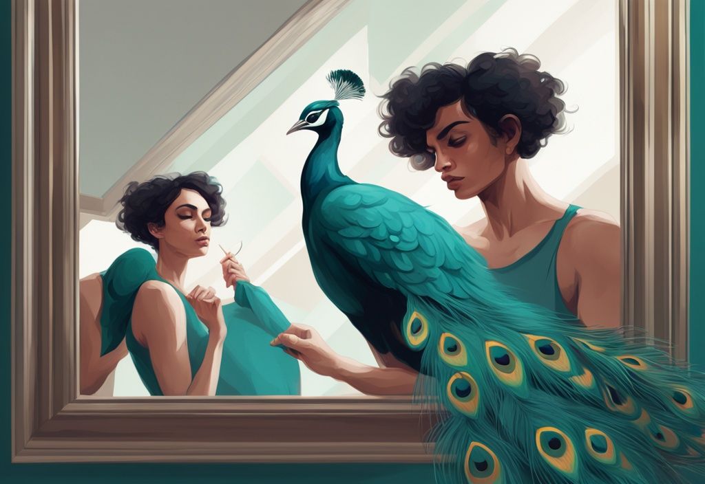 Digital painting of a narcissist with peacock feather, reflecting on self, illustrating weird things narcissists do sexually, with an indifferent partner in the background, teal color theme.