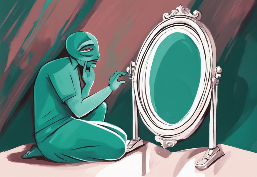 Modern digital painting of a parent with a theatrical mask expressing love to a child amidst struggle, teal color theme.