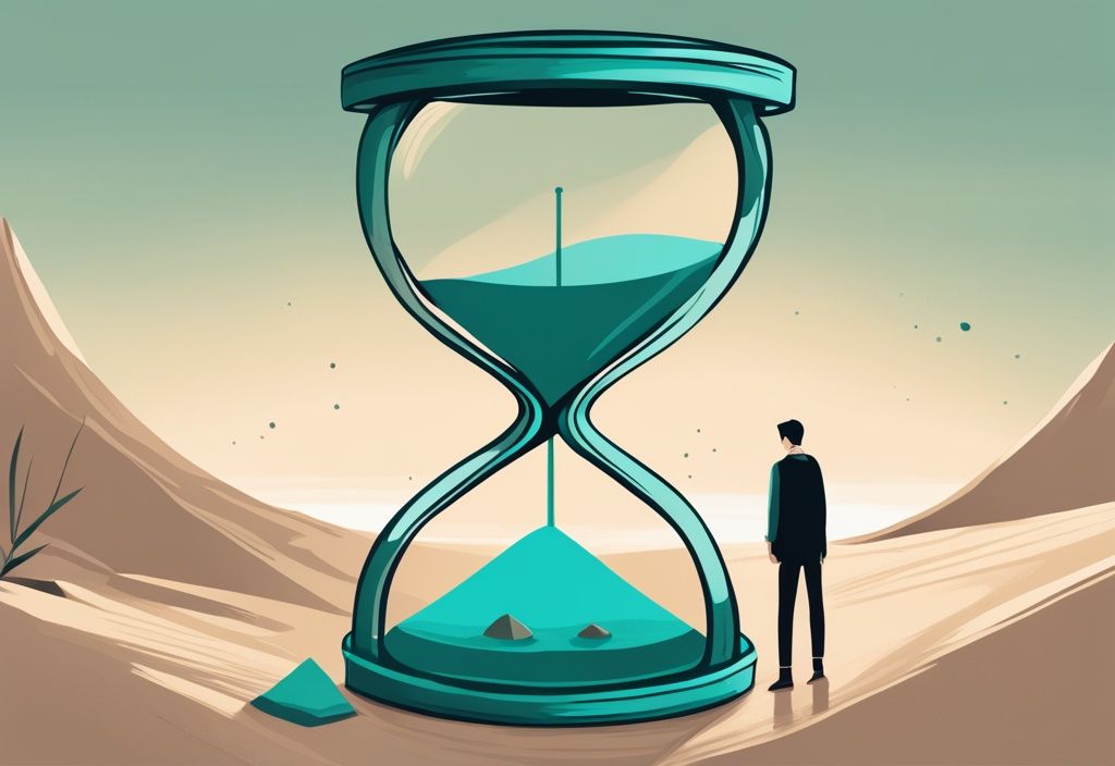 Teal-themed digital painting of an hourglass symbolizing time and control in a narcissistic relationship, addressing the question of how long does a narcissist relationship last.