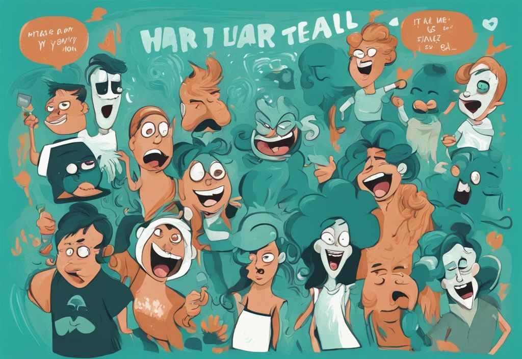 Cartoon characters with exaggerated expressions in a teal-themed digital painting, humorously depicting funny narcissistic quotes.