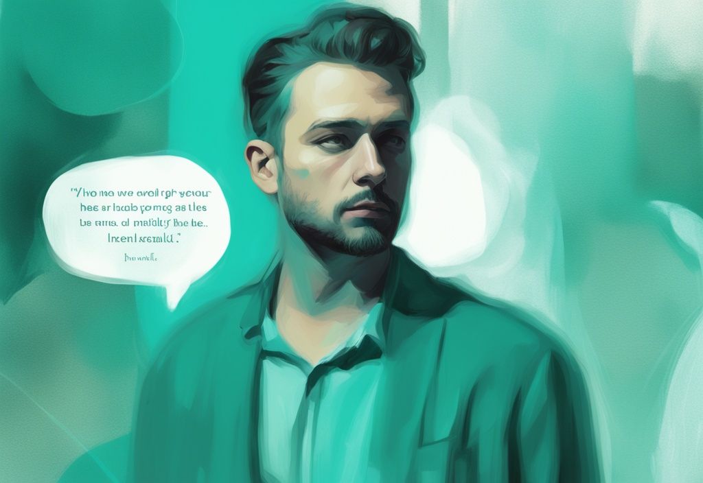 Modern digital painting with teal theme, featuring a dialogue bubble with phrases covert narcissists say over a well-groomed individual.