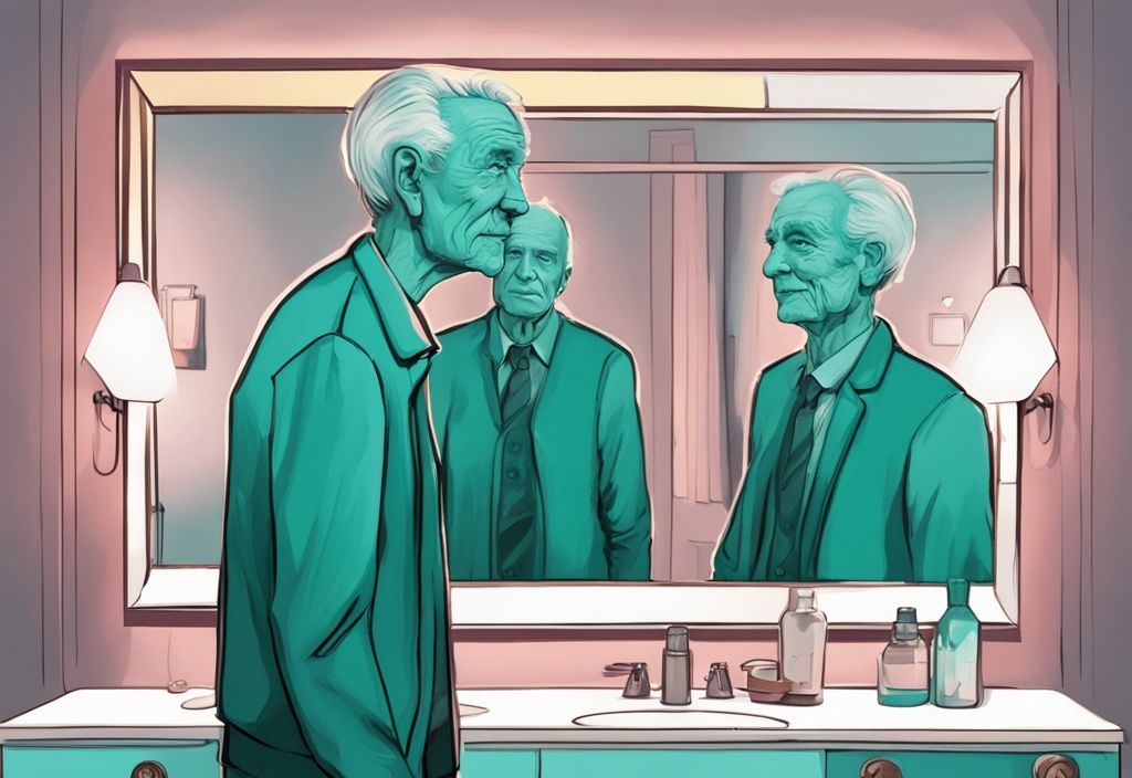 Modern digital painting of an elderly man seeing a younger, vanity-driven self in the mirror, exploring the theme: can someone become a narcissist later in life, with a teal color palette.