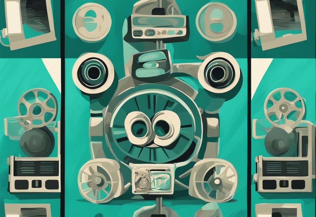 Modern digital painting of a teal-themed cinema reel featuring iconic narcissistic characters from popular films.