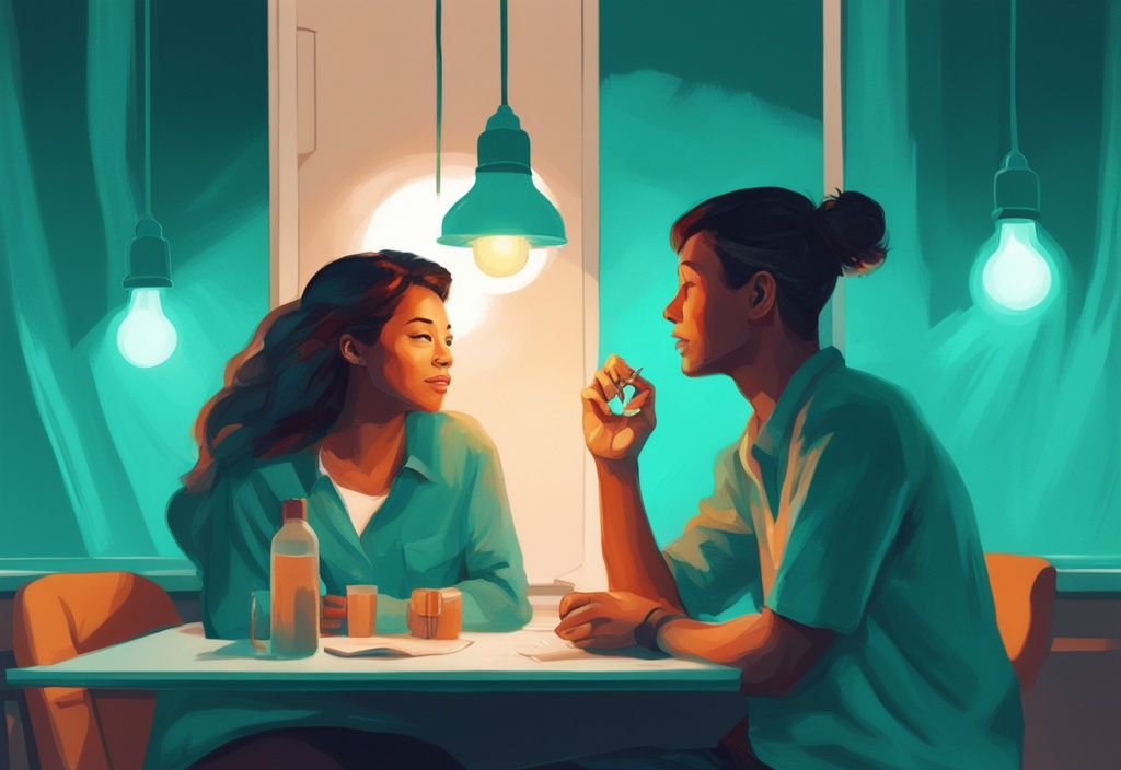 Modern digital painting of two people conversing under a softened light bulb, teal color theme, symbolizing safe and honest communication.