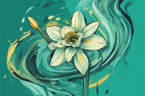 Modern digital painting of wilting narcissus flowers in teal, abstractly illustrating how to make a narcissist panic.