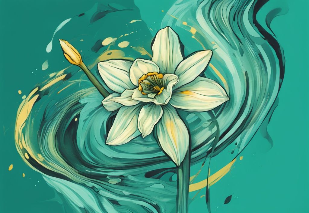 Modern digital painting of wilting narcissus flowers in teal, abstractly illustrating how to make a narcissist panic.