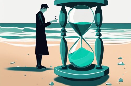 Teal-themed digital painting of a sand hourglass, illustrating control in a narcissistic relationship; explores the concept of "how long does a narcissist relationship last" with one person grasping the hourglass and another in the distance.