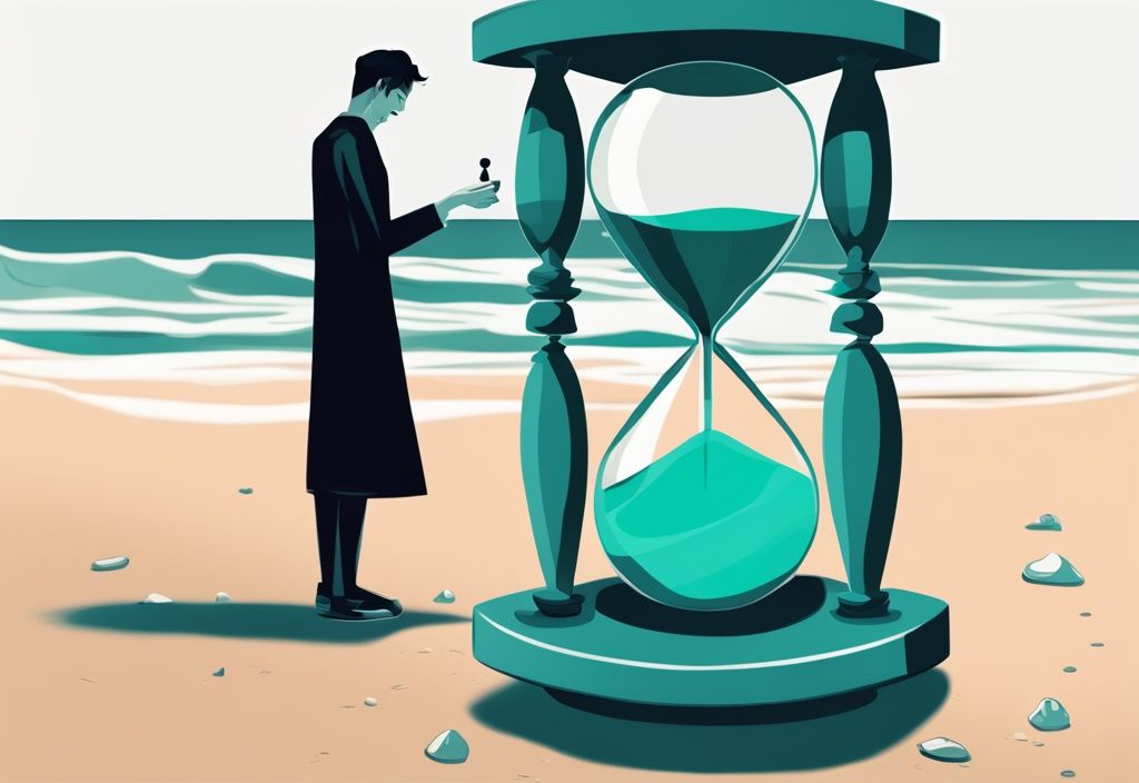 Teal-themed digital painting of a sand hourglass, illustrating control in a narcissistic relationship; explores the concept of "how long does a narcissist relationship last" with one person grasping the hourglass and another in the distance.