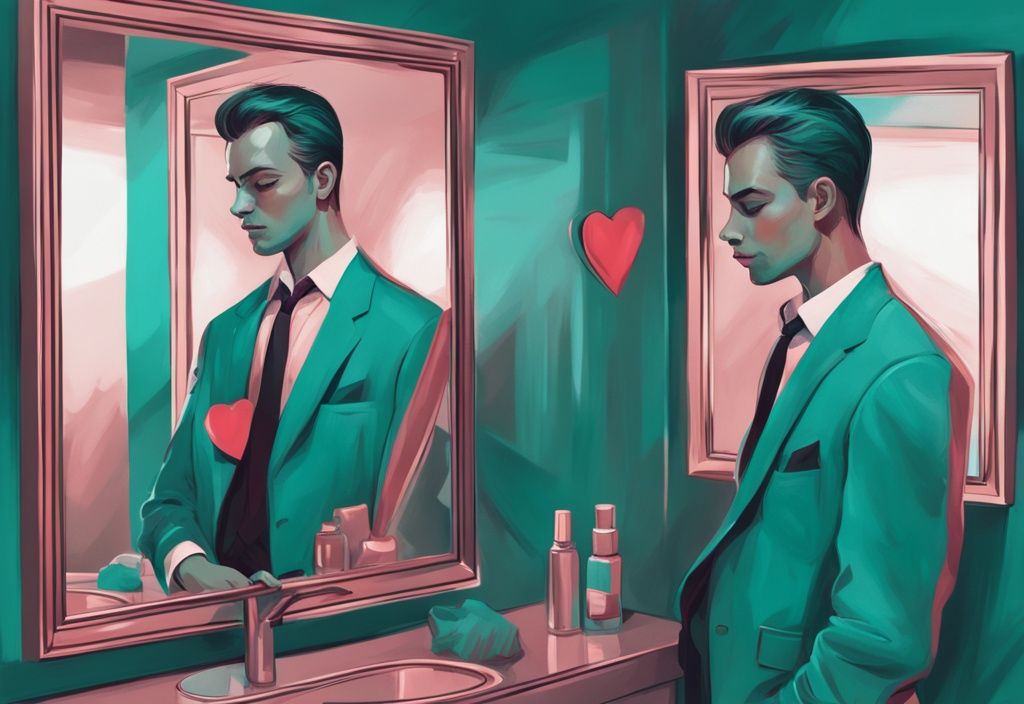 Modern digital painting with teal theme, depicting a narcissistic man in a mirror, affectionately gazing at a heart-shaped object, exploring the question: can a narcissist change for love.