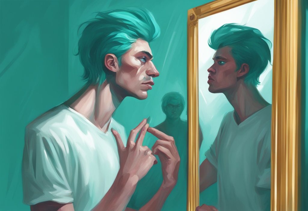 Modern digital painting of a narcissistic character shocked by grotesque reflection in teal theme