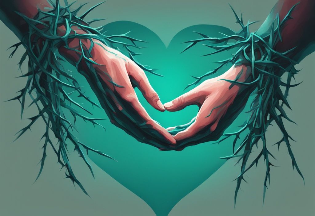 Modern digital painting of entwined hands, one with thorns for trauma bonding, the other glowing for love, in teal color theme.