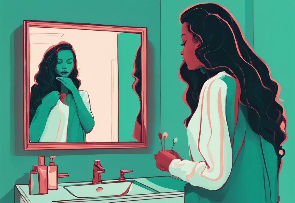 Modern digital painting of an adult admiring their reflection, symbolizing personal growth and evolution towards narcissism, with a teal color theme.