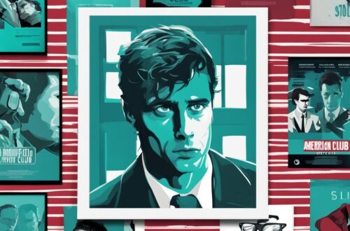 Modern digital painting with teal theme featuring iconic movie posters from American Psycho, Fight Club, and The Social Network, highlighting the best movies about narcissists.