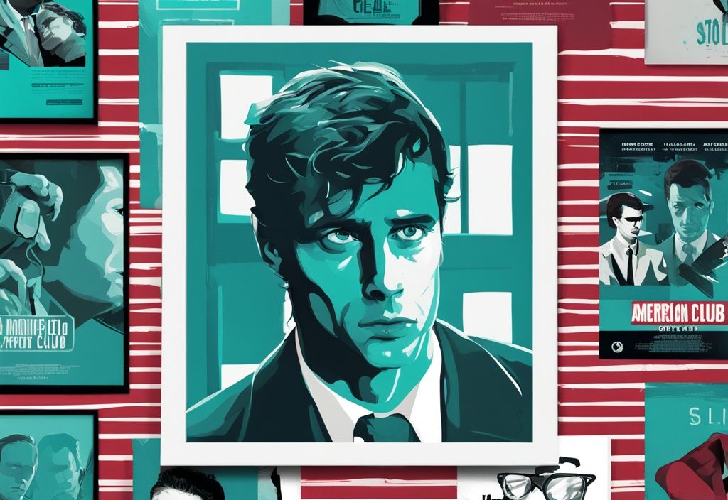 Modern digital painting with teal theme featuring iconic movie posters from American Psycho, Fight Club, and The Social Network, highlighting the best movies about narcissists.