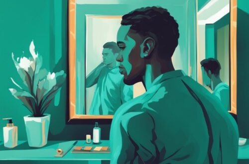 Modern digital painting of a man in teal theme reflecting in a mirror, symbolizing internal change, related to the question: can an emotional abuser change.