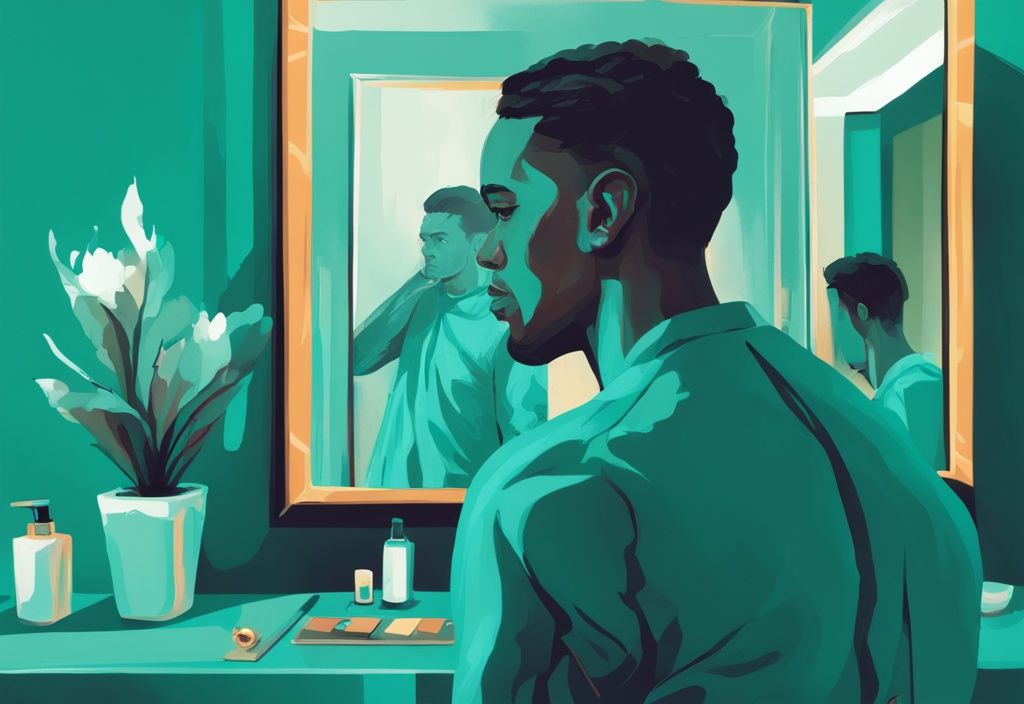 Modern digital painting of a man in teal theme reflecting in a mirror, symbolizing internal change, related to the question: can an emotional abuser change.