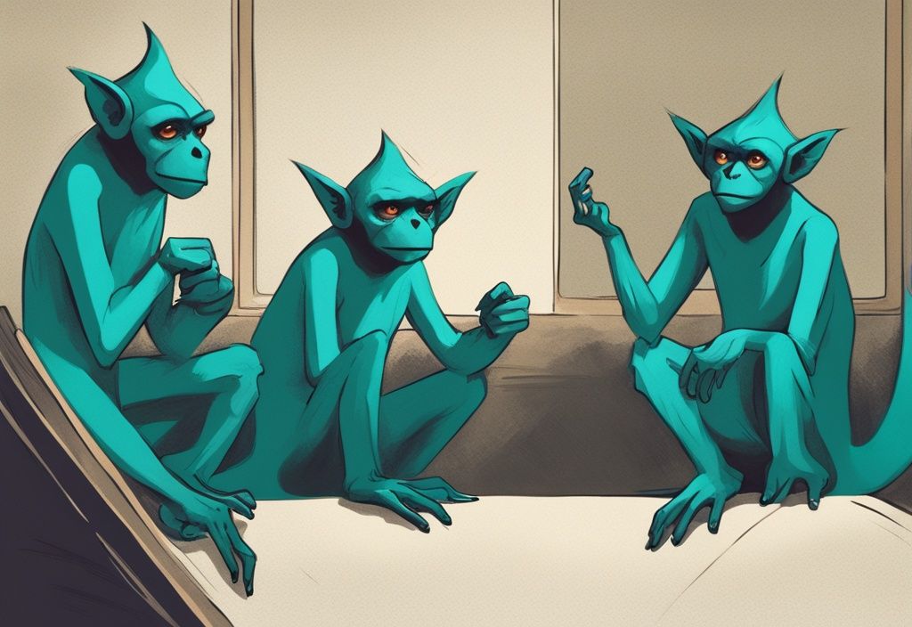 Modern digital painting of cartoonish flying monkeys attentively listening to a captivating narcissist, exploring why do flying monkeys believe the narcissist, with a teal color theme.