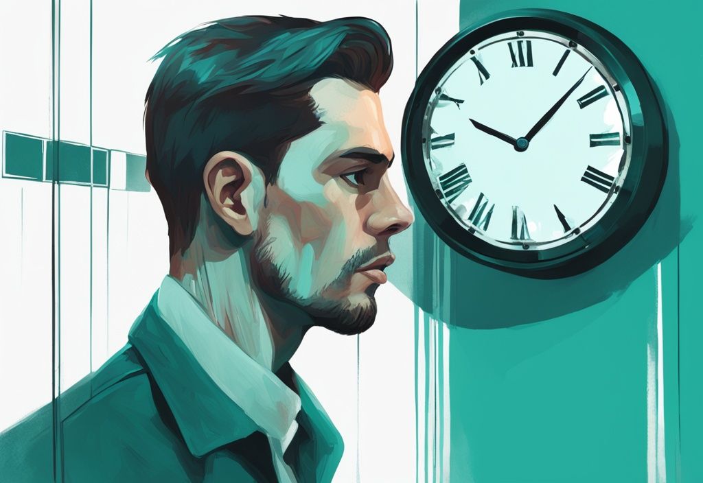 Modern digital painting of a man staring at his reflection with teal color theme, digital clock in background.