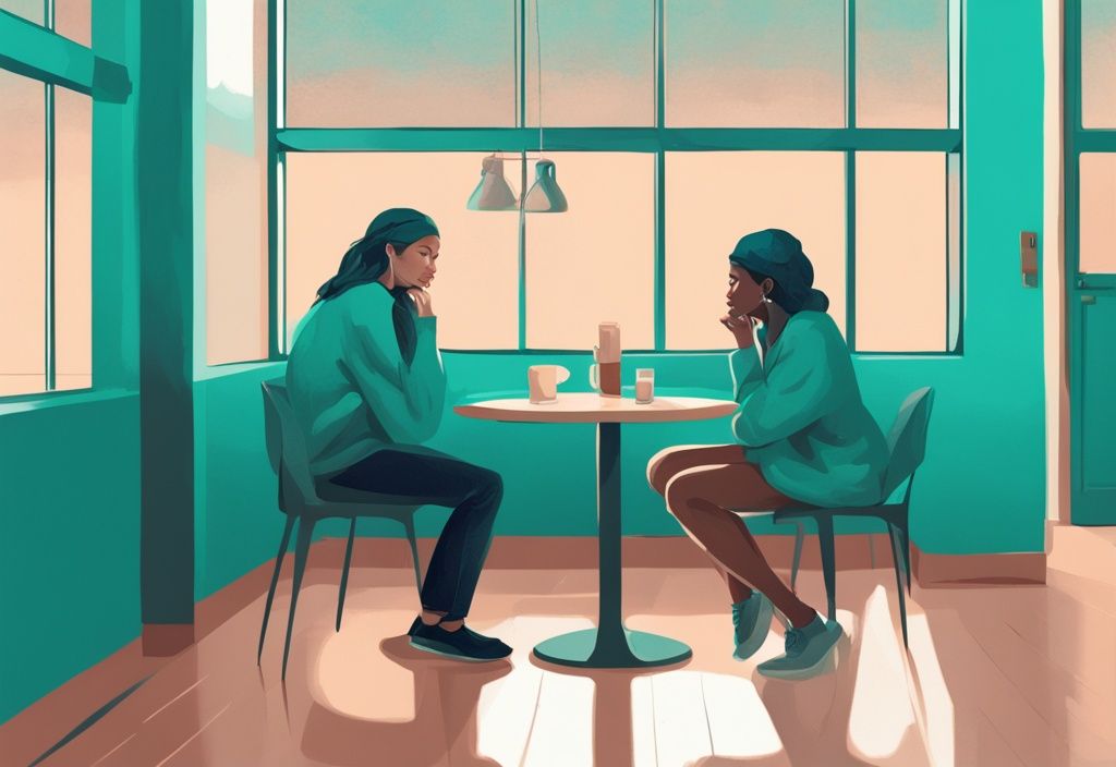 Teal-themed digital painting of two people discussing how to stop gaslighting my partner, with one person expressing feelings and the other attentively listening.