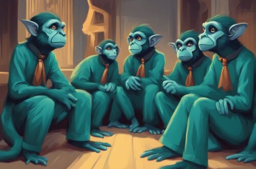 Modern digital painting with teal theme, depicting cartoonish flying monkeys listening to a captivating narcissistic figure, illustrating why do flying monkeys believe the narcissist.