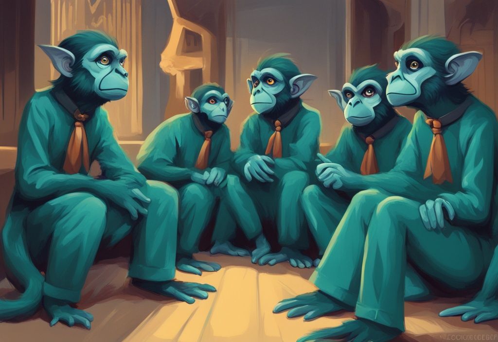 Modern digital painting with teal theme, depicting cartoonish flying monkeys listening to a captivating narcissistic figure, illustrating why do flying monkeys believe the narcissist.