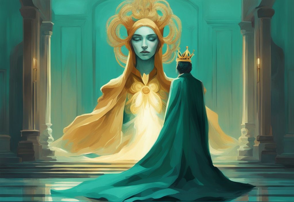 Modern digital painting of a narcissist in regal attire intrigued by a radiant empath, teal color theme.