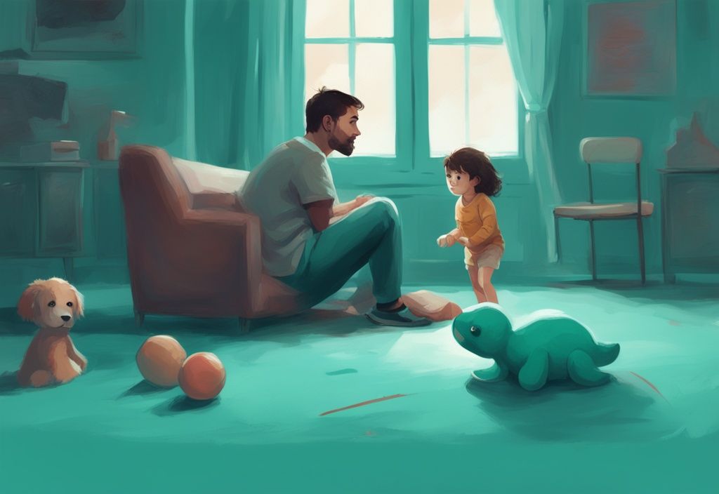 Modern digital painting of an adult with a cold expression observing a child playing, exploring the theme "can narcissists love their child" with a teal color palette.