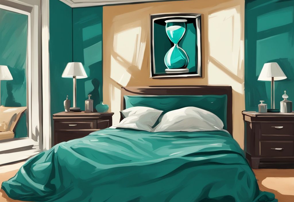 Modern digital painting of a narcissistic caricature in teal-themed bedroom, pondering an hourglass, symbolizing time passage, related to the query: how long can a narcissist go without sex.