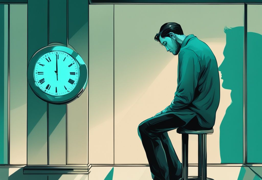 Modern digital painting of a man gazing at his reflection with a teal color theme and a digital clock in the background.