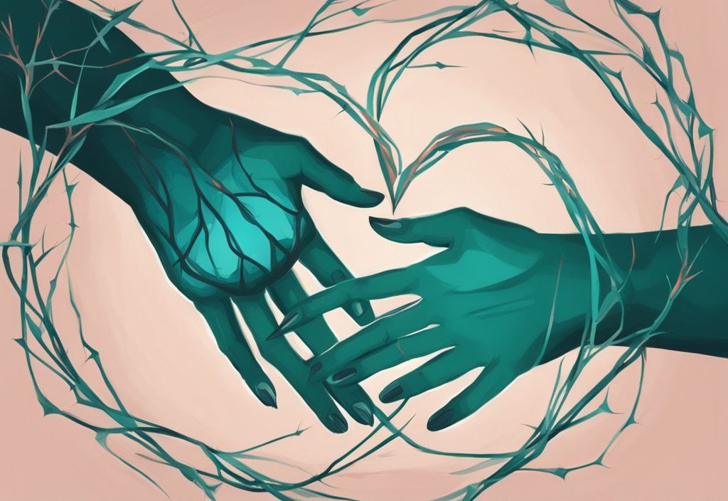 Modern digital painting of entwined hands, one with thorns symbolizing trauma bonding, the other glowing softly representing love, in a teal color theme.