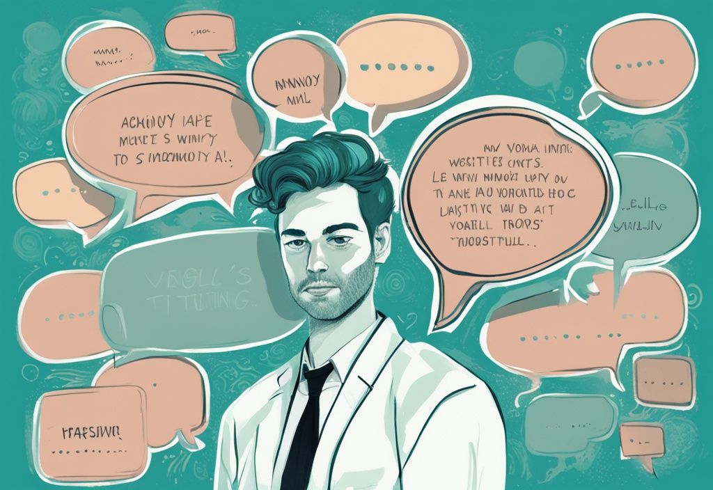 Digital painting with teal theme featuring speech bubbles with quotes to annoy a narcissist, set against a muted background of a smirking, self-absorbed character.