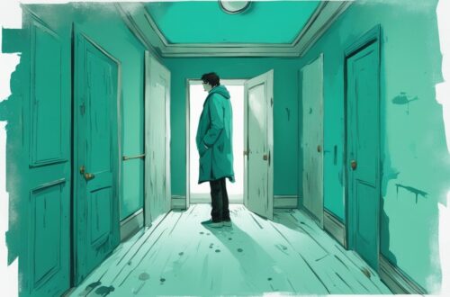 Modern digital painting of a distressed person in teal-themed room, staring at a closed door with a mirror reflecting a smug face, symbolizing when a narcissist leaves you alone.